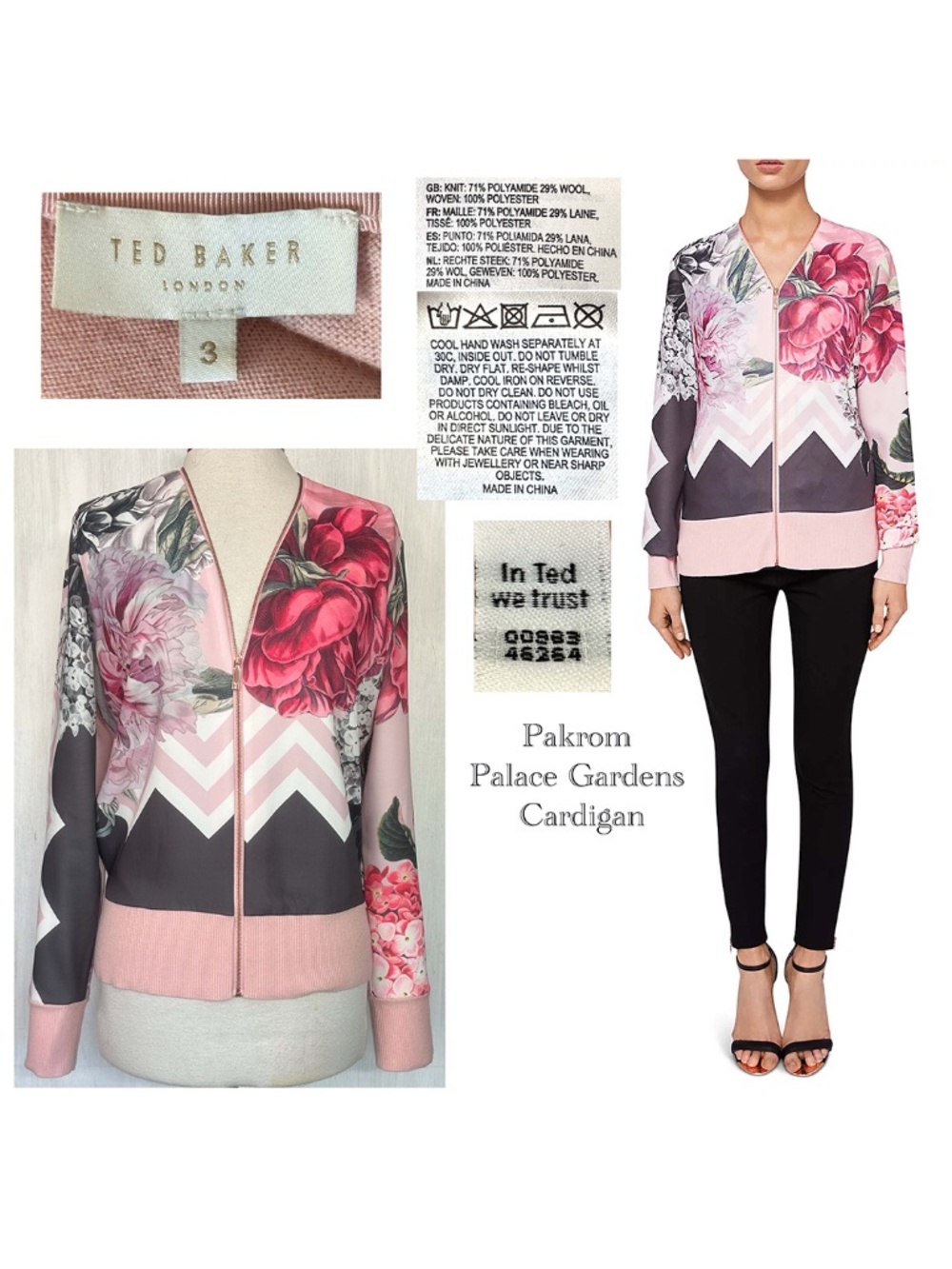 Ted Baker Size 3 / US 8  Pakrom Palace Gardens Zip Up Cardigan Jacket EUC